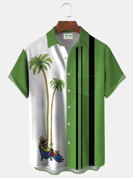 Royaura Coconut Palm Holiday Parrot Print Beach Men's Hawaiian Oversized Shirt with Pockets