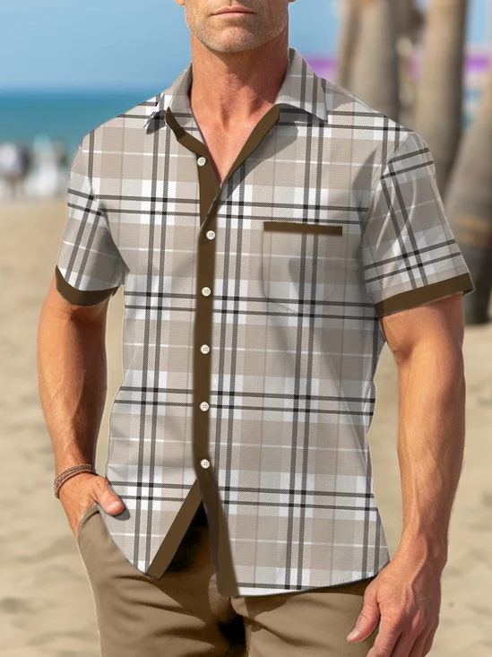Royaura Basic Casual Plaid Print Beach Men's Hawaiian Oversized Shirt with Pockets