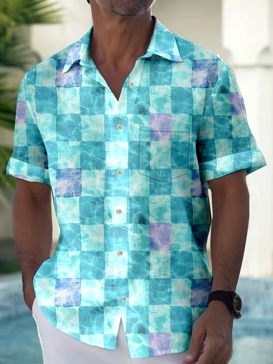 Royaura Water Ripple Checkerboard Print Beach Men's Hawaiian Oversized Shirt with Pockets
