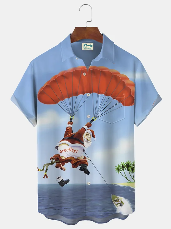 Royaura Summer Christmas Santa Print Beach Men's Hawaiian Oversized Shirt with Pockets