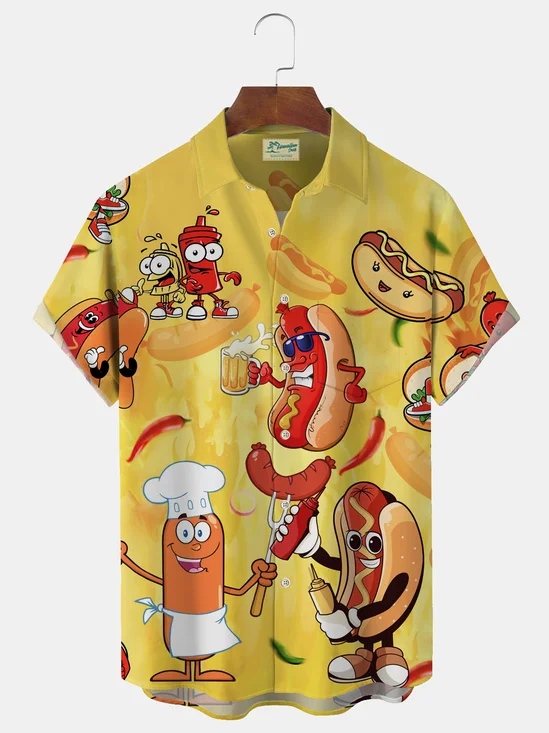 Royaura Hawaiian Cartoon Hot Dog Print Men's Button Pocket Shirt