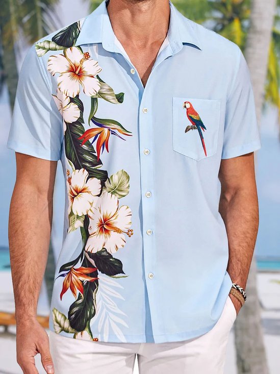 Royaura Hawaiian Parrot Floral Print Men's Button Pocket Shirt
