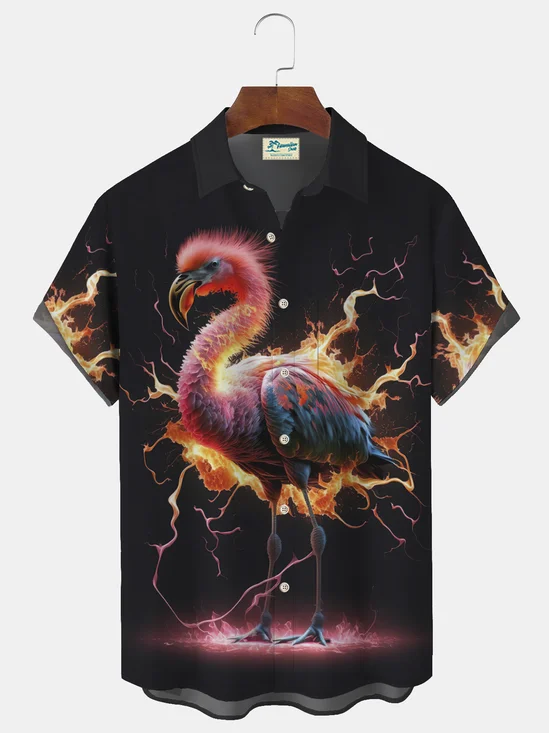 Royaura Flame Flamingo Print Beach Men's Hawaiian Oversized Shirt with Pockets
