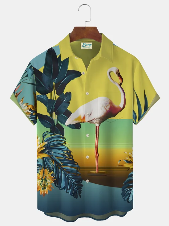 Royaura Flamingo Gradient Print Beach Men's Hawaiian Oversized Shirt with Pockets