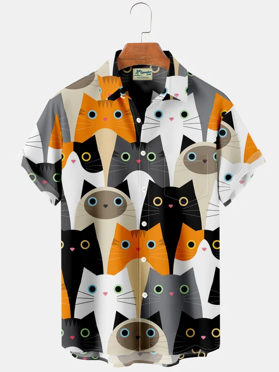 Royaura Vintage Fun Cartoon Cat Print Men's Button Pocket Shirt