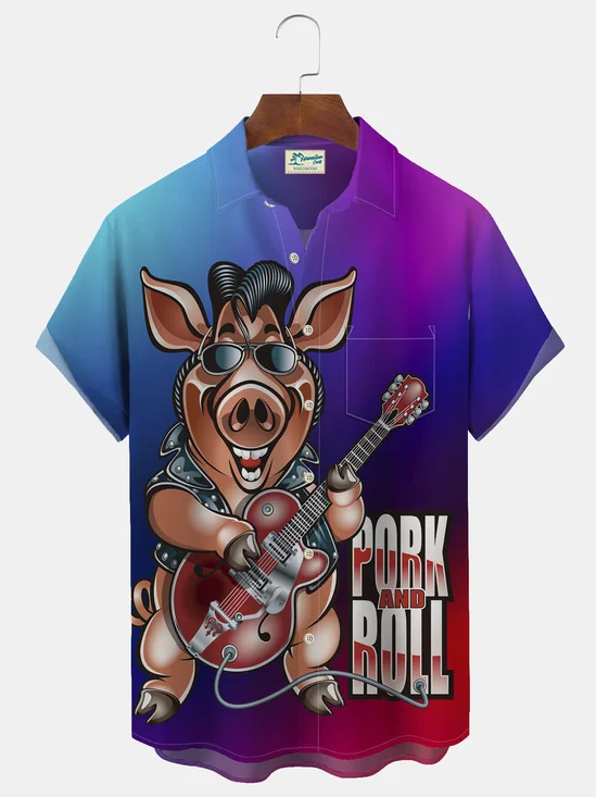 Royaura Rock Pig Ombre Print Beach Men's Hawaiian Oversized Shirt with Pockets