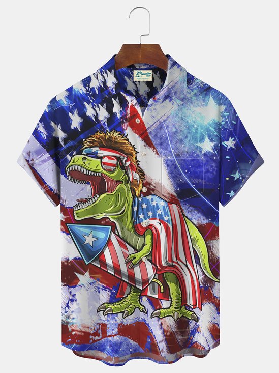 Royaura American Flag Dinosaur Print Beach Men's Hawaiian Oversized Short Sleeve Shirt with Pockets