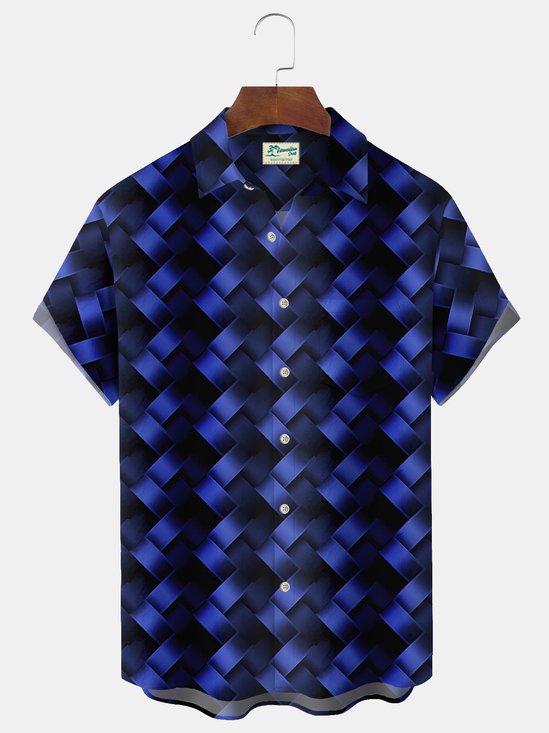 Royaura Blue Space Geometric Men's Casual Shirts Art Fashion Print Plaid Pocket Shirts