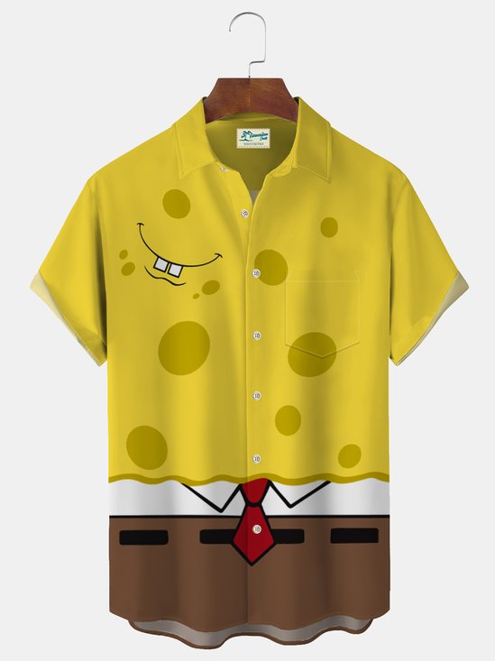 Royaura 50‘s Vintage Cartoon Yellow Men's Casual Shirts Plus Size Stretch Camp Pocket Shirt