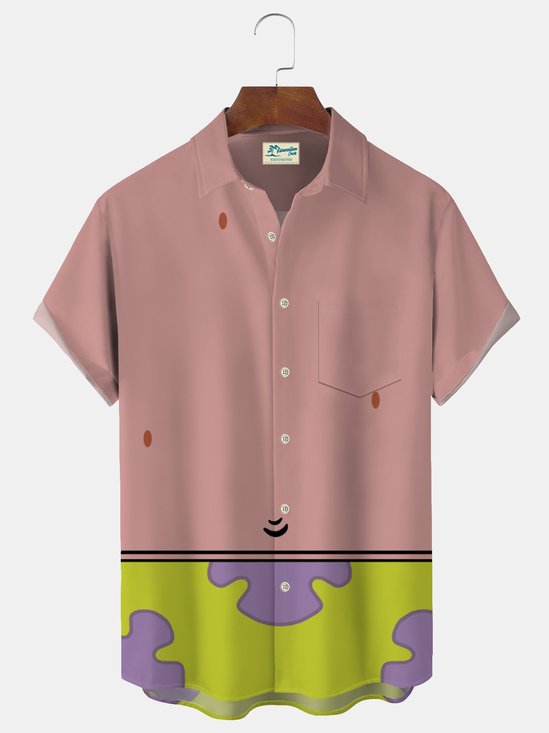 Royaura 50‘s Vintage Cartoon Pink Men's Casual Shirts Plus Size Stretch Camp Pocket Shirt