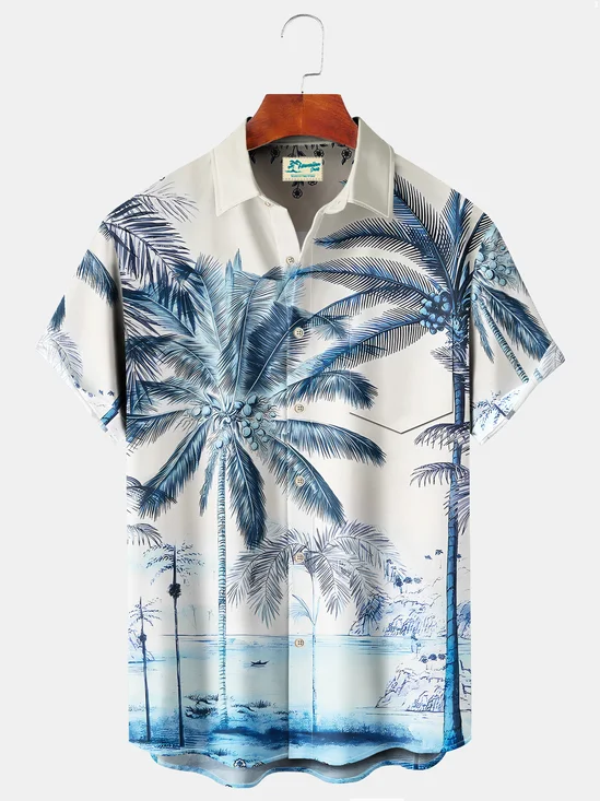 Royaura Beach Vacation Men's Hawaiian Shirts Coconut Tree Art Stretch Plus Size Aloha Pocket Camp Shirts