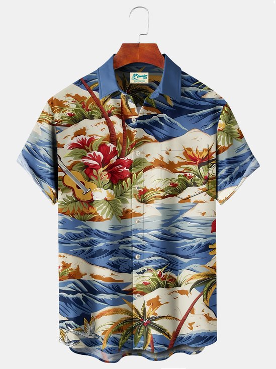 Royaura Beach Vacation Blue Men's Hawaiian Shirts Island Music Coconut Tree Guitar Cartoon Ocean Wave Art Plus Size Aloha Camp Pocket Shirts