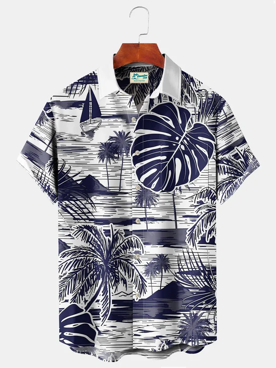 Royaura Beach Vacation Men's White Hawaiian Shirts Coconut Tree Island Art Stretch Plus Size Aloha Camp Pocket Shirts