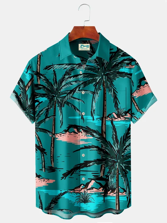 Royaura Beach Vacation Green Men's Hawaiian Shirts Coconut Tree Art Plus Size Aloha Camp Pocket Shirts