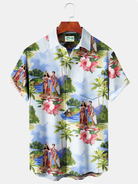 Royaura Beach Vacation Blue Men's Hawaiian Shirts Coconut Tree Hula Plus Size Aloha Camp Pocket Shirts