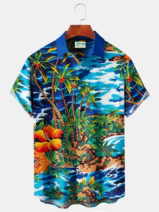 Royaura Beach Vacation Blue Men's Hawaiian Shirt Coconut Tree Stretch Plus Size Aloha Camp Pocket Shirts