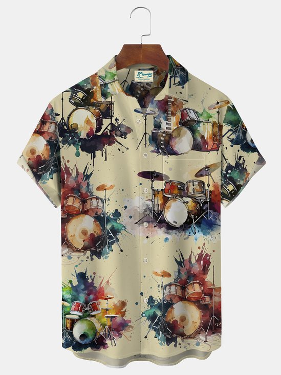 Royaura Watercolor Drum Kit Print Beach Men's Hawaiian Oversized Shirt with Pockets