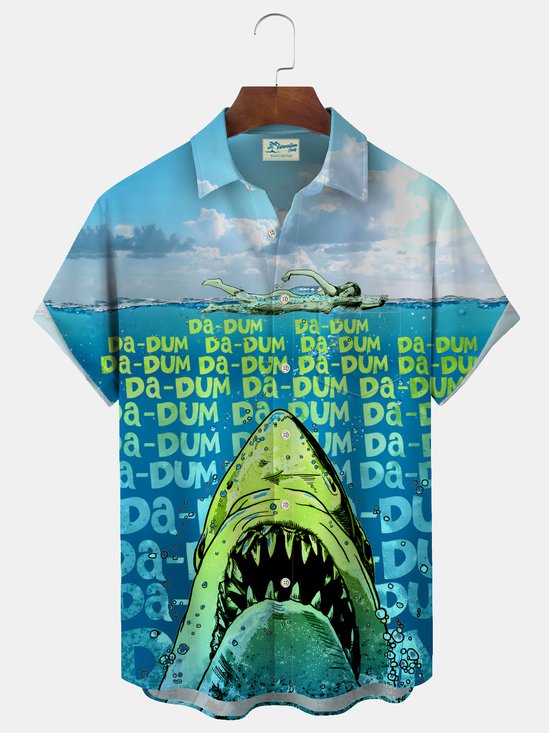 Royaura Hawaiian Shark Print Men's Button Pocket Shirt