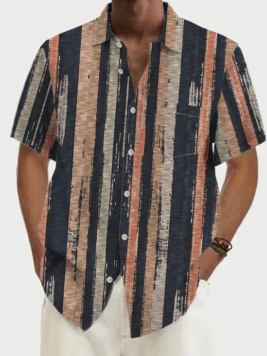 Royaura Vintage Geometric Print Beach Men's Hawaiian Oversized Short Sleeve Shirt with Pockets