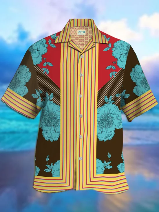 Royaura Contrasting Stripe Pattern Printed Men's Hawaiian  Shirt