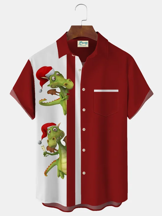 Royaura Christmas Dinosaur Print Beach Men's Hawaiian Oversized Short Sleeve Shirt with Pockets