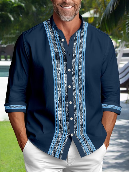 Royaura Guayabera Casual Men's Vacation Big and Tall Long Sleeve Shirt