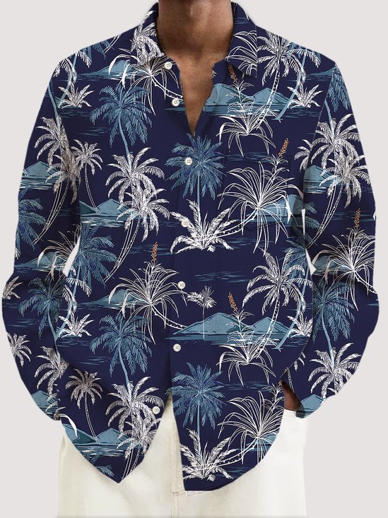 Royaura Hawaiian Coconut Tree Print Men's Button Pocket Long Sleeve Shirt