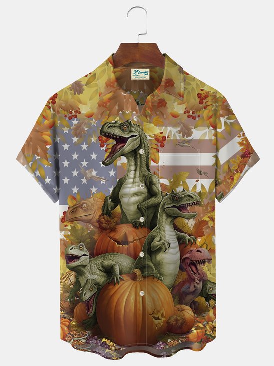 Royaura Halloween Pumpkin Dinosaur Men's Hawaiian Oversized Shirt with Pockets