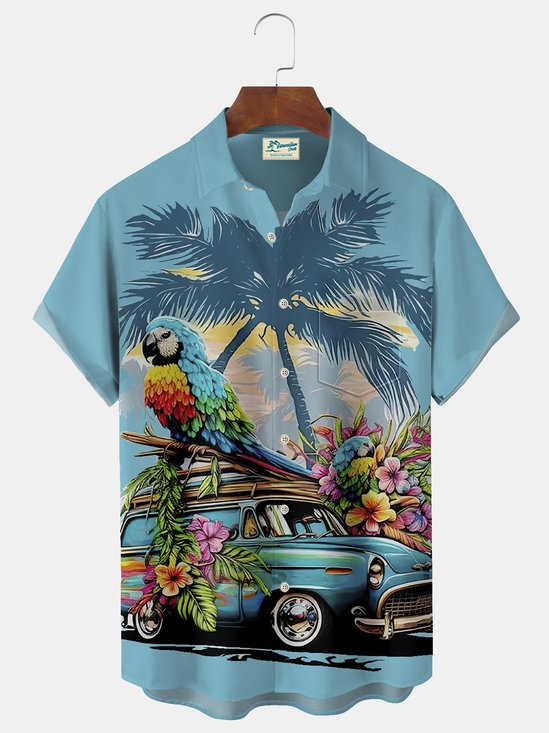Royaura Parrot Coconut Tree Classic Car Print Beach Men's Hawaiian Oversized Shirt with Pockets