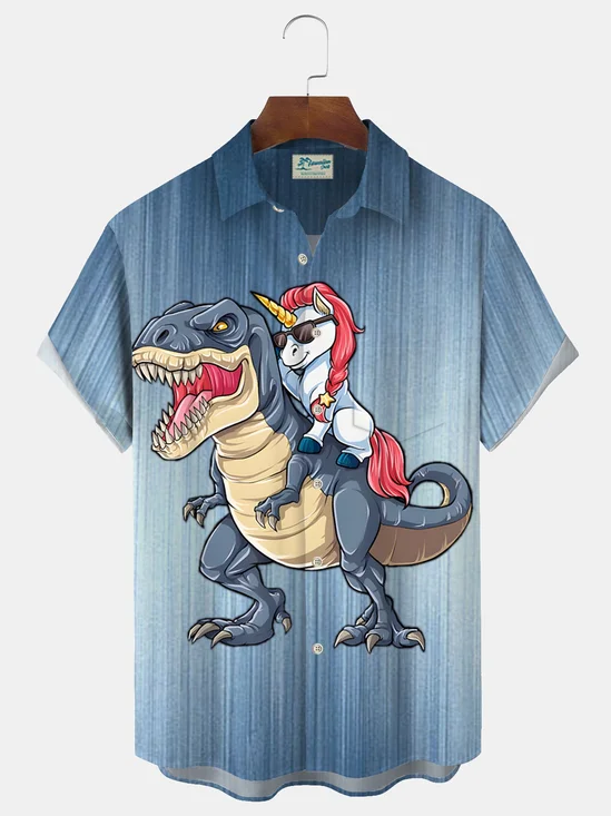 Royaura Vintage Fun Gradient Dinosaur Unicorn Print Men's Button Pocket Short Sleeve Shirt