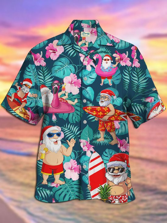 Royaura Summer Christmas Santa Claus Surf Print Beach Men's Hawaiian Oversized Short Sleeve Shirt with Pockets