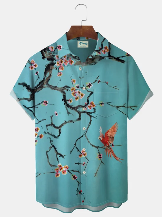Royaura Vintage Plum Blossom Parrot Print Men's Button Pocket Short Sleeve Shirt
