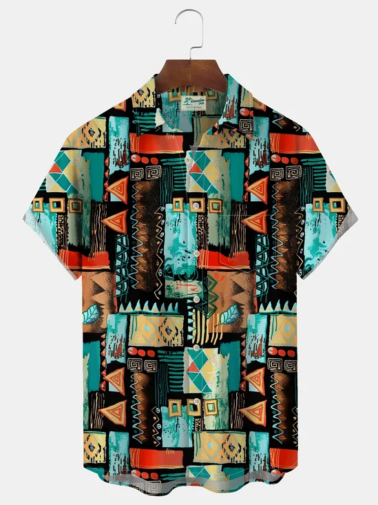 Royaura Vintage Geometric Ethnic Tribal Print Men Button Down Pocket Short Sleeve Shirt