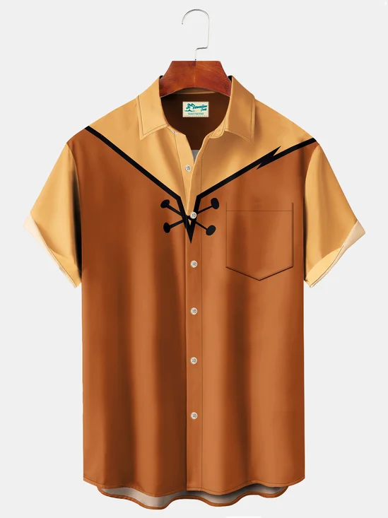 Royaura 50‘s Vintage Cartoon Brown Men's Casual Shirts Plus Size Stretch Camp Pocket Shirts