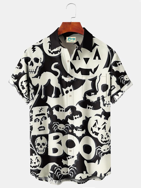 Royaura Vintage Halloween Holiday Men's Shirts Cartoon Black Cat Boo Art Stretch Plus Size Aloha Camp Shirts
