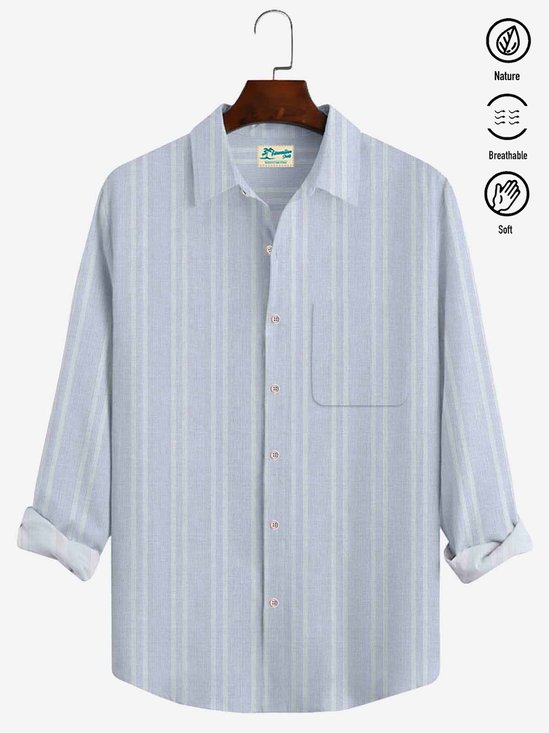 Royaura Holiday Beach Casual Blend Light Blue Men's Long Sleeve Striped Shirts Stretch Plus SIze Camp Pocket Shirts