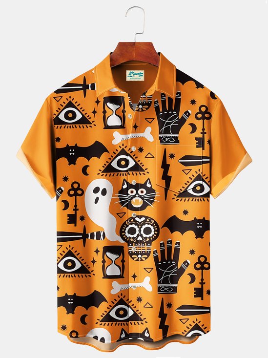 Royaura Vintage Halloween Holiday Orange Men's Shirt Cartoon Bat Ghost Witch Art Stretch Plus Size Aloha Camp Shirts