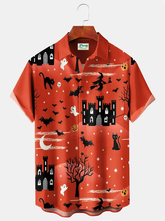 Royaura Vintage Halloween Holiday Men's Shirts Cartoon Bat Witch Art Stretch Plus Size Aloha Camp Shirts