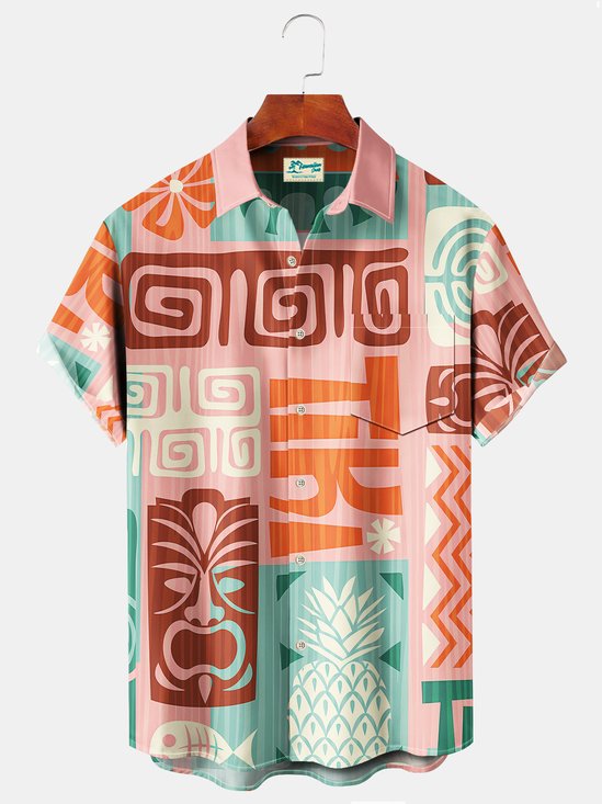 Royaura Beach Vacation Tiki Totem Pink Men's Hawaiian Shirts Surfboard Stretch Plus Size Aloha Camp Shirts