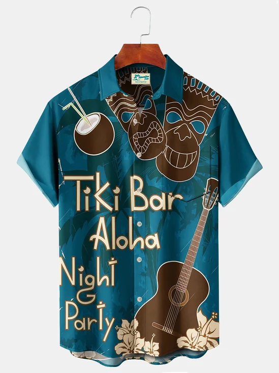 Royaura Beach Vacation Tiki Bar Blue Men's Hawaiian Shirts Music Stretch Plus Size Aloha Camp Shirts