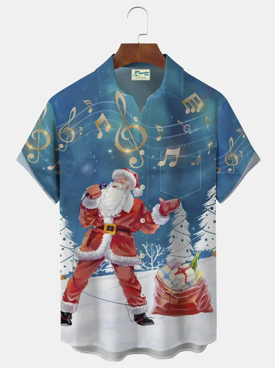 Royaura Santa Sing Music Print Beach Men's Hawaiian Oversized Shirt with Pockets