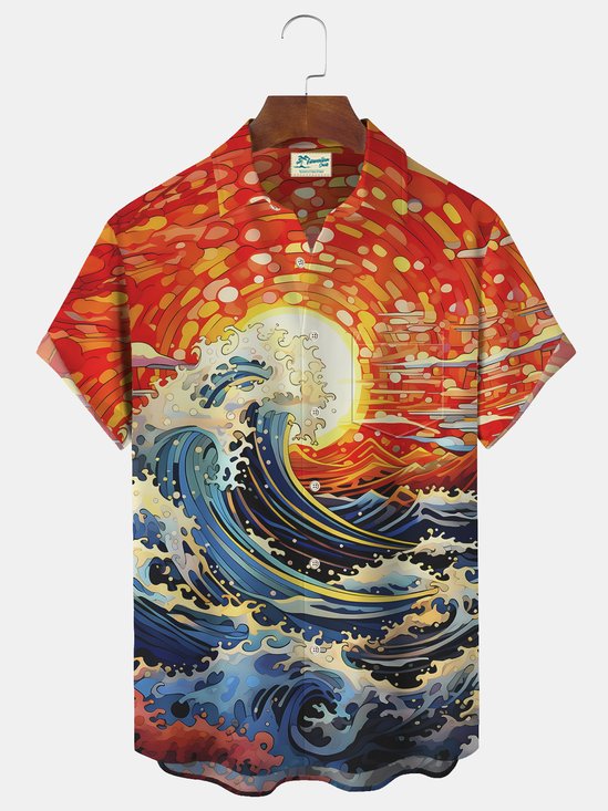 Royaura Japanese Sunset Print Beach Men's Hawaiian Oversized Shirt with Pockets