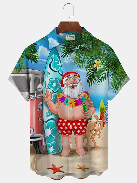 Royaura Hawaiian Santa Surf Print Men's Button Down Pocket Short Sleeve Shirt