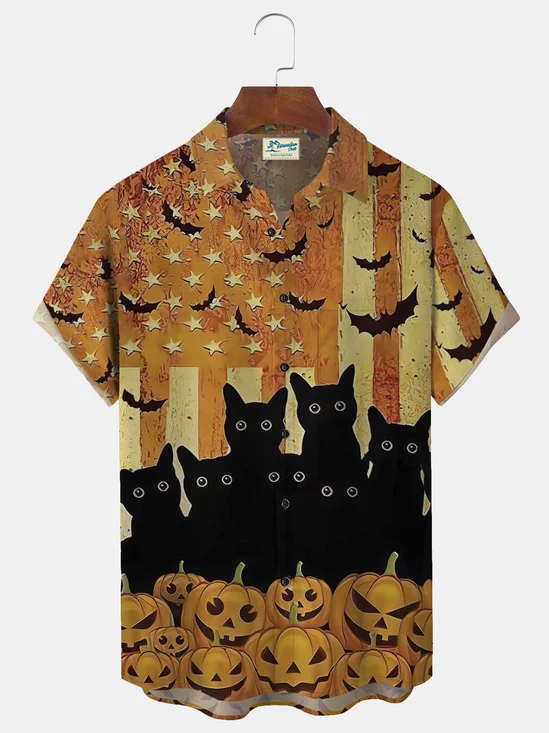 Royaura Black Cats Halloween American Print Beach Men's Hawaiian Oversized Shirt with Pockets