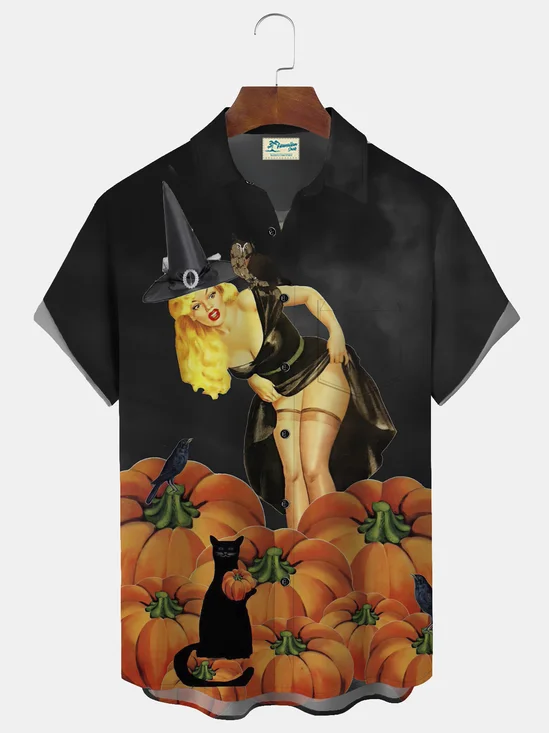 Royaura Halloween Pumpkin Witch Print Men's Hawaiian Oversized Shirt with Pockets