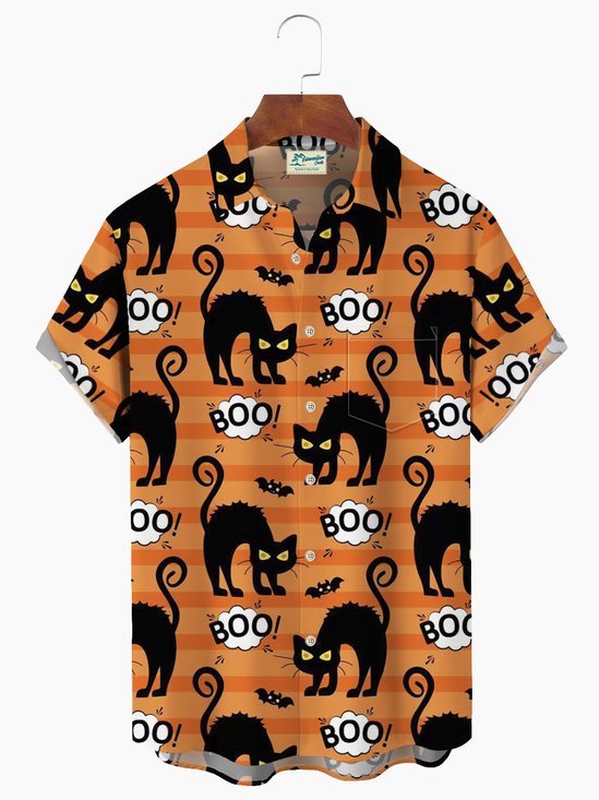 Royaura Halloween Black Cat Color Contrast Stripes Print  Men's Hawaiian Oversized Shirt with Pockets