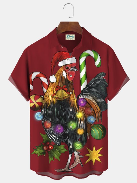 Royaura Christmas Rooster Light Print Beach Men's Hawaiian Oversized Short Sleeve Shirt with Pockets