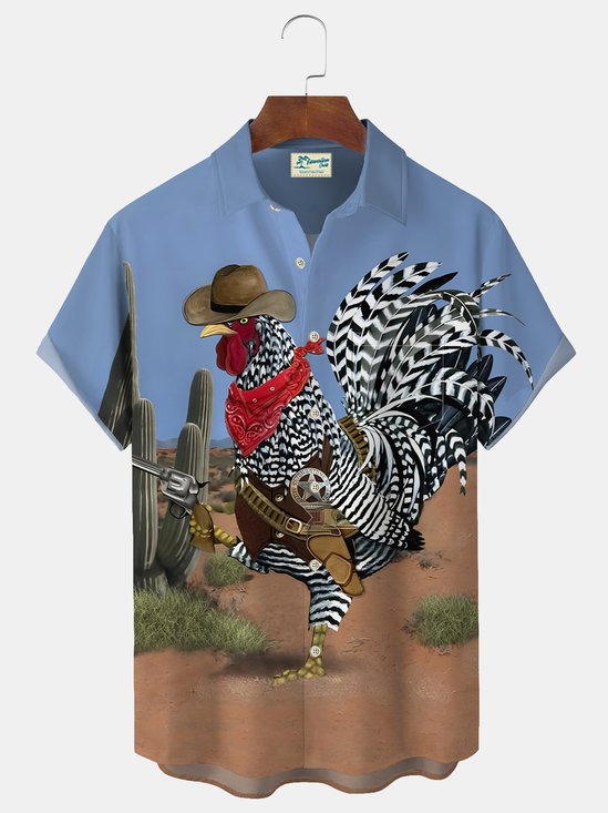 Royaura Western Rooster Print Beach Men's Hawaiian Oversized Short Sleeve Shirt with Pockets