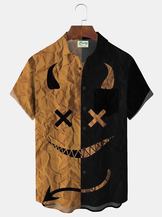 Royaura Halloween Devil Mosaic Color Contrast Print Beach Men's Hawaiian Oversized Shirt with Pockets
