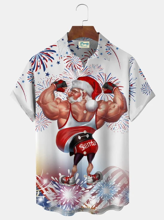 Royaura Christmas Santa Print Beach Men's Hawaiian Oversized Short Sleeve Shirt with Pockets